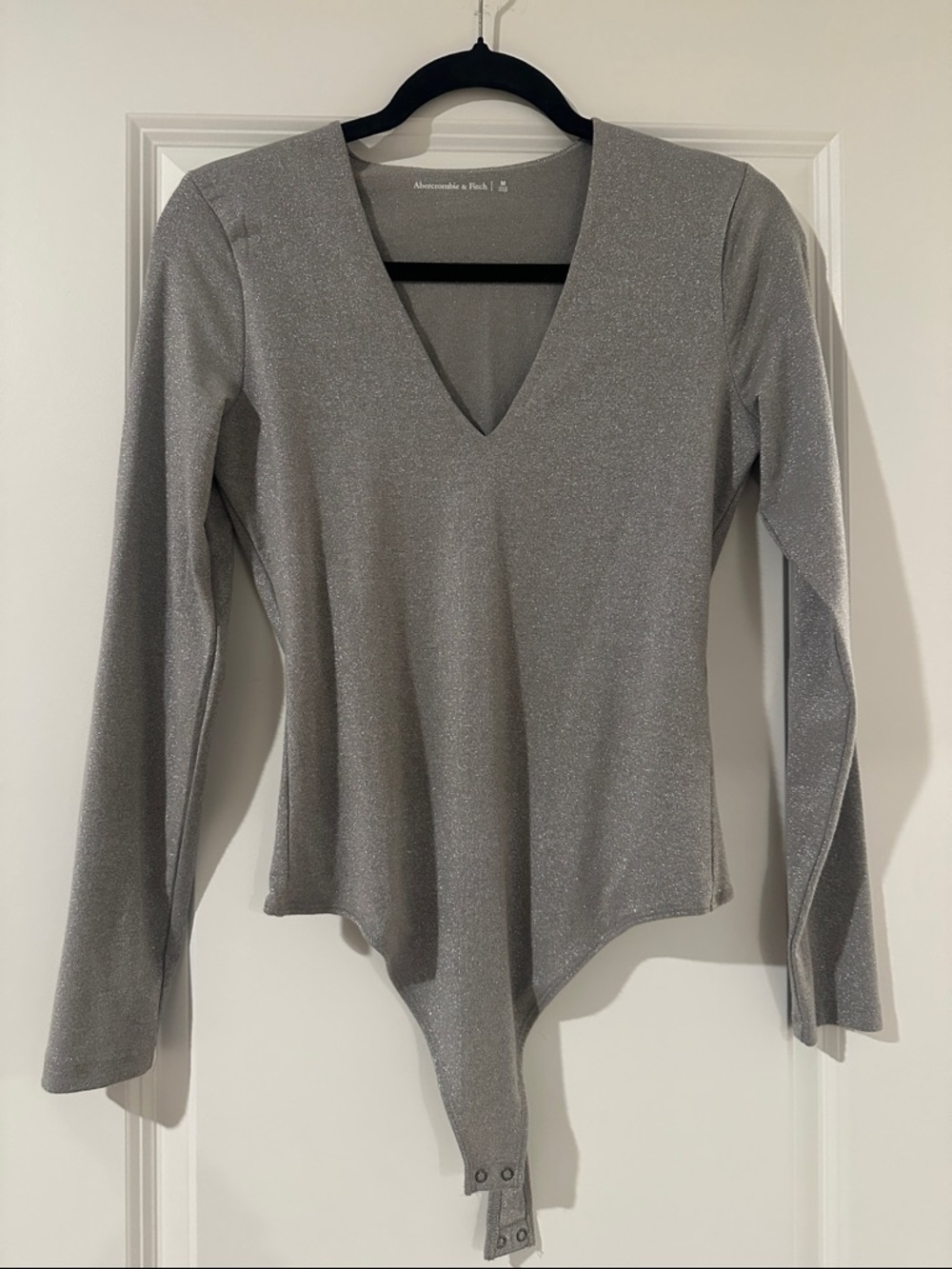 Abercrombie & Fitch Metallic Silver V-Neck Long-Sleeve Bodysuit
